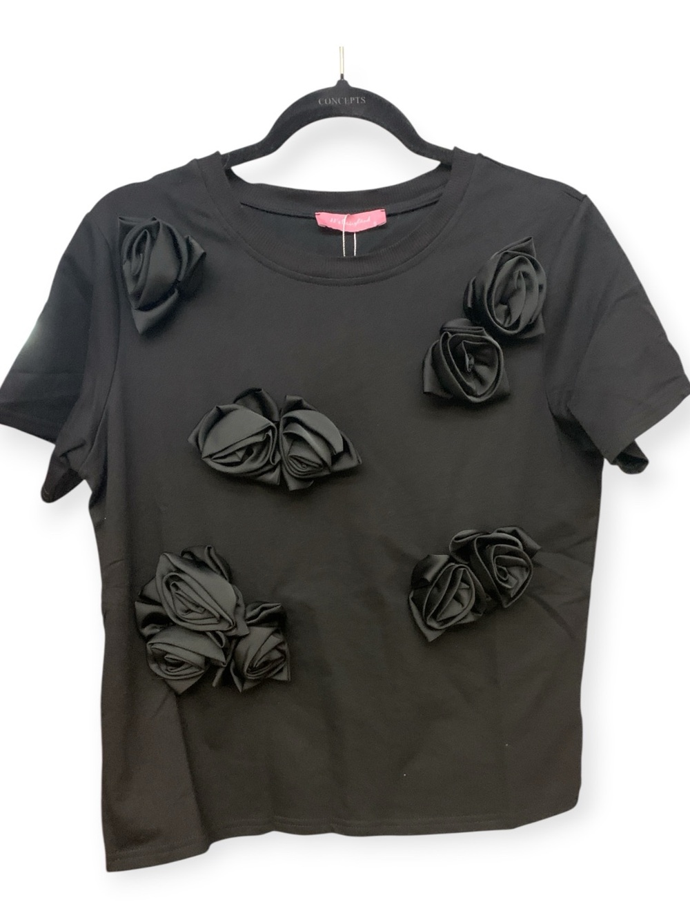 JJ's Fairyland Black 3D Rosette Floral Applique Short Sleeve Top NWT